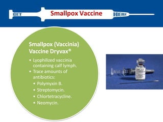 Smallpox (Vaccinia)
Vaccine Dryvax®
• Lyophilized vaccinia
containing calf lymph.
• Trace amounts of
antibiotics:
• Polymyxin B.
• Streptomycin.
• Chlortetracycline.
• Neomycin.
Smallpox Vaccine
 