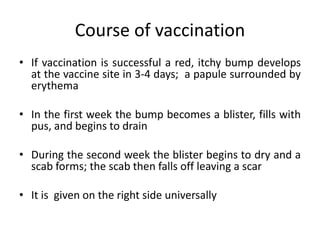 Course of vaccination
• If vaccination is successful a red, itchy bump develops
at the vaccine site in 3-4 days; a papule surrounded by
erythema
• In the first week the bump becomes a blister, fills with
pus, and begins to drain
• During the second week the blister begins to dry and a
scab forms; the scab then falls off leaving a scar
• It is given on the right side universally
 