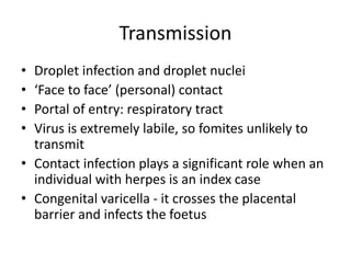 Transmission
• Droplet infection and droplet nuclei
• ‘Face to face’ (personal) contact
• Portal of entry: respiratory tract
• Virus is extremely labile, so fomites unlikely to
transmit
• Contact infection plays a significant role when an
individual with herpes is an index case
• Congenital varicella - it crosses the placental
barrier and infects the foetus
 