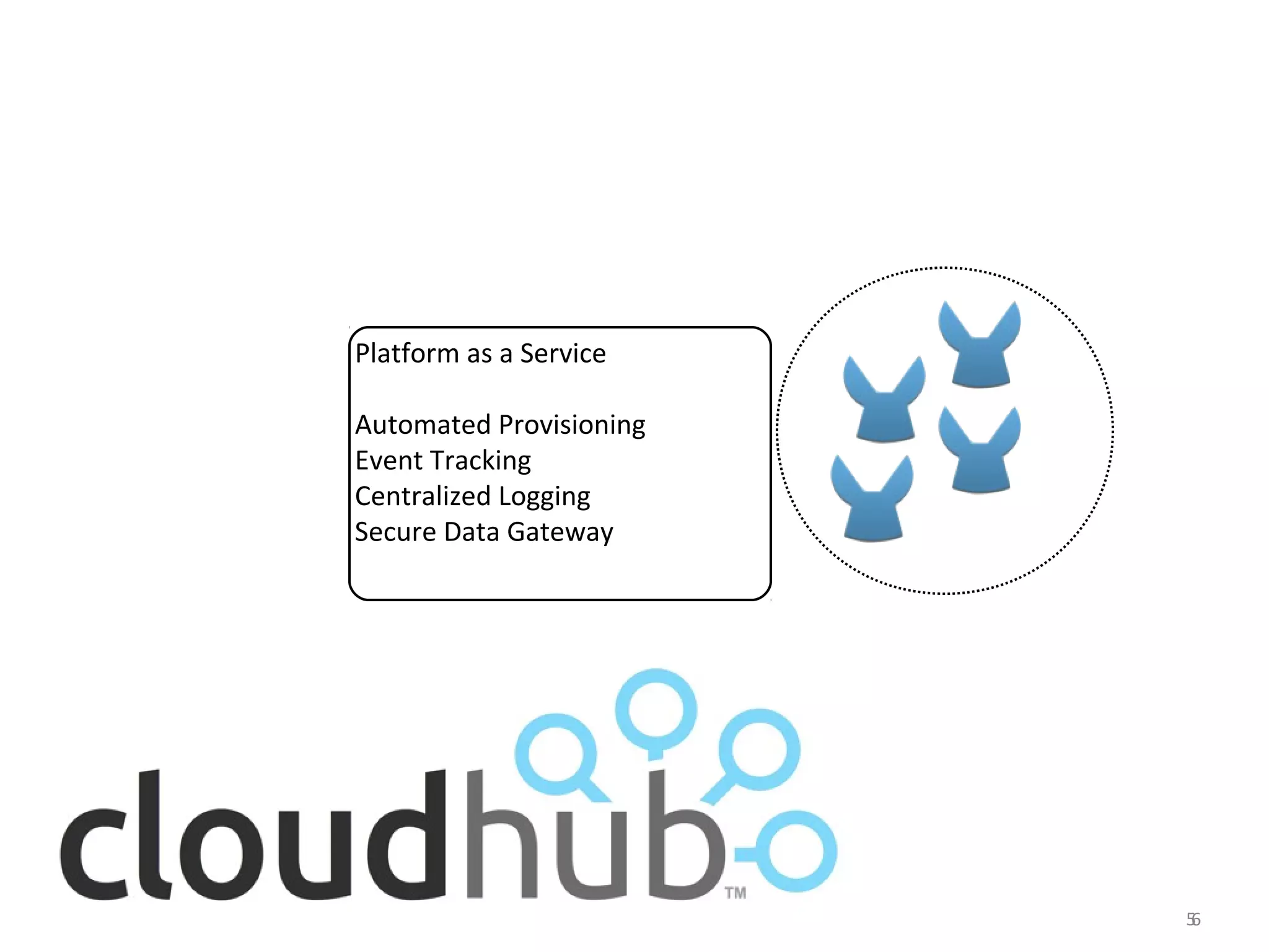 Platform as a Service

Automated Provisioning
Event Tracking
Centralized Logging
Secure Data Gateway




                         56
 