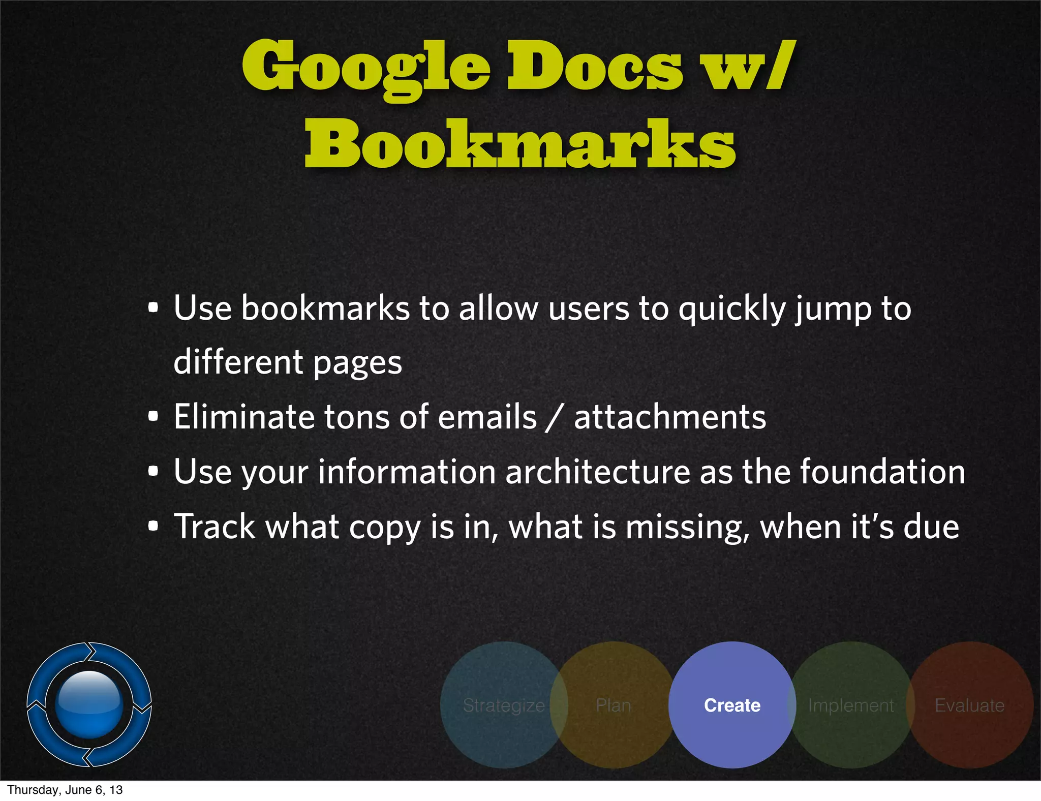 Strategize Plan Create Implement Evaluate
• Use bookmarks to allow users to quickly jump to
different pages
• Eliminate tons of emails / attachments
• Use your information architecture as the foundation
• Track what copy is in, what is missing, when it’s due
Google Docs w/
Bookmarks
Thursday, June 6, 13
 
