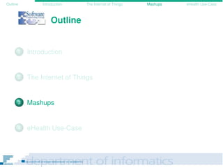 Outline Introduction The Internet of Things Mashups eHealth Use-Case
Outline
1 Introduction
2 The Internet of Things
3 Mashups
4 eHealth Use-Case
 