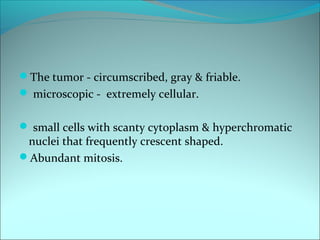 The tumor - circumscribed, gray & friable.
 microscopic - extremely cellular.
 small cells with scanty cytoplasm & hyperchromatic
nuclei that frequently crescent shaped.
Abundant mitosis.
 
