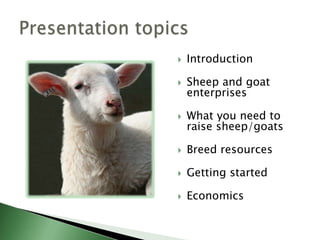IntroductionSheep and goat enterprisesWhat you need to raise sheep/goatsBreed resourcesGetting startedEconomicsPresentation topics