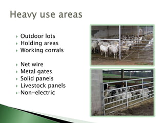 PurposeAnimal managementIsolation areaFeed storageEquipment storageHuman comfortNeeds vary byClimate Production systemTiming of lambing and kiddingAvailability of natural shelter.Personal preferenceHousing and shelter