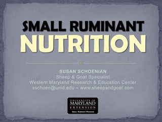 SMALL RUMINANT NUTRITION SUSAN SCHOENIANSheep & Goat SpecialistWestern Maryland Research & Education Centersschoen@umd.edu – www.sheepandgoat.com Small Ruminant Program 