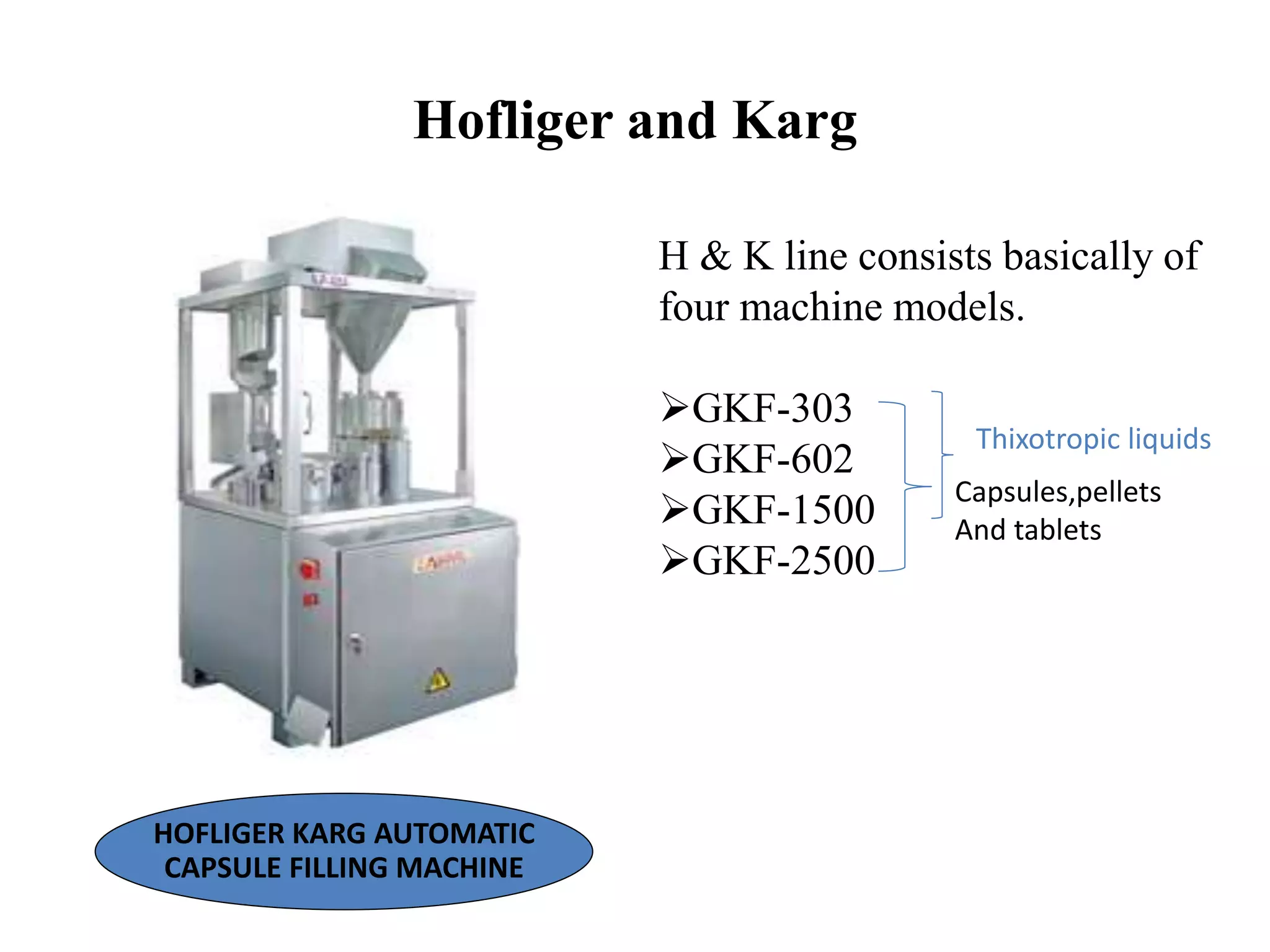Hofliger and Karg 
HOFLIGER KARG AUTOMATIC 
CAPSULE FILLING MACHINE 
H & K line consists basically of 
four machine models. 
GKF-303 
GKF-602 
GKF-1500 
GKF-2500 
Thixotropic liquids 
Capsules,pellets 
And tablets 
 