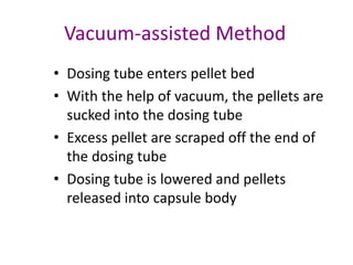 Vacuum-assisted Method 
• Dosing tube enters pellet bed 
• With the help of vacuum, the pellets are 
sucked into the dosing tube 
• Excess pellet are scraped off the end of 
the dosing tube 
• Dosing tube is lowered and pellets 
released into capsule body 
 