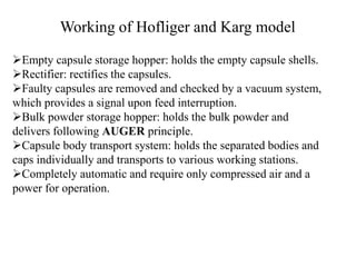 Working of Hofliger and Karg model 
Empty capsule storage hopper: holds the empty capsule shells. 
Rectifier: rectifies the capsules. 
Faulty capsules are removed and checked by a vacuum system, 
which provides a signal upon feed interruption. 
Bulk powder storage hopper: holds the bulk powder and 
delivers following AUGER principle. 
Capsule body transport system: holds the separated bodies and 
caps individually and transports to various working stations. 
Completely automatic and require only compressed air and a 
power for operation. 
 
