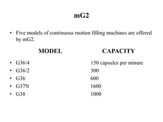 mG2 
• Five models of continuous motion filling machines are offered 
by mG2. 
MODEL CAPACITY 
• G36/4 150 capsules per minute 
• G36/2 300 
• G36 600 
• G37N 1600 
• G38 1000 
 