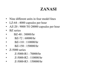 ZANASI 
• Nine different units in four model lines 
• LZ-64 : 4000 capsules per hour 
• AZ-20 : 9000 TO 20000 capsules per hour 
• BZ series 
• BZ-40 : 30000/hr 
• BZ-72 : 60000/hr 
• BZ-110 : 110000/hr 
• BZ-150 : 150000/hr 
• Z-5000 series 
• Z-5000-R1 : 70000/hr 
• Z-5000-R2 : 110000/hr 
• Z-5000-R3 : 150000/hr 
 