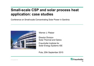 Conference on Small-scale Concentrating Solar Power in Sardinia
Small-scale CSP and solar process heat
application: case studies
Werner J. Platzer
© Fraunhofer ISE
Werner J. Platzer
Director Division
Solar Thermal and Optics
Fraunhofer Institute for
Solar Energy Systems ISE
Pula, 25th September 2015
 