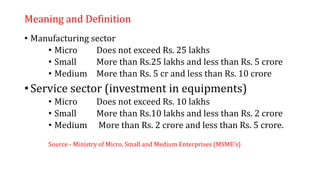 Meaning and Definition
• Manufacturing sector
• Micro Does not exceed Rs. 25 lakhs
• Small More than Rs.25 lakhs and less than Rs. 5 crore
• Medium More than Rs. 5 cr and less than Rs. 10 crore
• Service sector (investment in equipments)
• Micro Does not exceed Rs. 10 lakhs
• Small More than Rs.10 lakhs and less than Rs. 2 crore
• Medium More than Rs. 2 crore and less than Rs. 5 crore.
Source - Ministry of Micro, Small and Medium Enterprises (MSME’s)
 