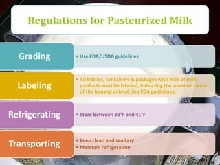 Regulations for Pasteurized Milk


  Grading       • Use FDA/USDA guidelines



                • All bottles, containers & packages with milk or milk
  Labeling        products must be labeled, indicating the common name
                  of the hooved animal. See FDA guidelines.



Refrigerating   • Store between 33°F and 41°F



                • Keep clean and sanitary
Transporting    • Maintain refrigeration
 
