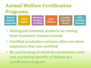 Animal Welfare Certification
Programs
 Animal              American               Certified    HFAC
            USDA                  Food
 Welfare             Humane                 Naturally   Certified
           Organic               Alliance    Grown
Approved             Certified                          Humane


• Distinguish livestock products as coming
  from humanely treated animals
• Certified production systems often are more
  expensive than non-certified
• Be sure to keep in mind the production costs
  and marketing benefits of following a
  certification program
 