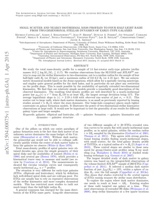 The Astrophysical Journal Letters. Received 2015 January 15; accepted 2015 March 31
Preprint typeset using LATEX style emulateapj v. 05/12/14
SMALL SCATTER AND NEARLY-ISOTHERMAL MASS PROFILES TO FOUR HALF-LIGHT RADII
FROM TWO-DIMENSIONAL STELLAR DYNAMICS OF EARLY-TYPE GALAXIES
Michele Cappellari1
, Aaron J. Romanowsky2,3
, Jean P. Brodie2
, Duncan A. Forbes4
, Jay Strader5
, Caroline
Foster6
, Sreeja S. Kartha4
, Nicola Pastorello4
, Vincenzo Pota2,4
, Lee R. Spitler6,7
, Christopher Usher4
,
Jacob A. Arnold2
1Sub-department of Astrophysics, Department of Physics, University of Oxford, Denys Wilkinson Building, Keble Road, Oxford,
OX1 3RH, UK
2University of California Observatories, 1156 High Street, Santa Cruz, CA 95064, USA
3Department of Physics and Astronomy, San Jos´e State University, One Washington Square, San Jose, CA 95192, USA
4Centre for Astrophysics & Supercomputing, Swinburne University, Hawthorn, VIC 3122, Australia
5Department of Physics and Astronomy, Michigan State University, East Lansing, Michigan 48824, USA
6Australian Astronomical Observatory, PO Box 915, North Ryde, NSW 1670, Australia
7Department of Physics and Astronomy, Macquarie University, North Ryde, NSW 2109, Australia
The Astrophysical Journal Letters. Received 2015 January 15; accepted 2015 March 31
ABSTRACT
We study the total mass-density proﬁle for a sample of 14 fast-rotator early-type galaxies (stellar
masses 10.2 . log M⇤/M . 11.7). We combine observations from the SLUGGS and ATLAS3D
sur-
veys to map out the stellar kinematics in two-dimensions, out to a median radius for the sample of four
half-light radii Re (or 10 kpc), and a maximum radius of 2.0–6.2 Re (or 4–21 kpc). We use axisym-
metric dynamical models based on the Jeans equations, which allow for a spatially varying anisotropy,
and employ quite general proﬁles for the dark halos, and in particular do not place any restriction
on the proﬁle slope. This is made possible by the availability of spatially extended two-dimensional
kinematics. We ﬁnd that our relatively simple models provide a remarkably good description of the
observed kinematics. The resulting total density proﬁles are well described by a nearly-isothermal
power law ⇢tot(r) / r from Re/10 to at least 4Re, the largest average deviation being 11%. The
average logarithmic slope is h i = 2.19 ± 0.03 with observed rms scatter of just = 0.11. This
scatter out to large radii, where dark matter dominates, is as small as previously reported by lensing
studies around r ⇡ Re/2, where the stars dominate. Our bulge-halo conspiracy places much tighter
constraints on galaxy formation models. It illustrates the power of two-dimensional stellar kinematics
observations at large radii. It would now be important to test the generality of our results for di↵erent
galaxy types and larger samples.
Keywords: galaxies: elliptical and lenticular, cD — galaxies: formation — galaxies: kinematics and
dynamics — galaxies: structure
1. INTRODUCTION
One of the pillars on which our entire paradigm of
galaxy formation rests is the fact that dark matter of an
unknown nature dominates the mass budget of the Uni-
verse (Blumenthal et al. 1984). Without dark matter,
the primordial gas would not be able to collapse su -
ciently quickly within the center of dark matter halos to
form the galaxies we observe (White & Rees 1978).
Total mass-density proﬁles of spiral galaxies were ob-
tained decades ago, given the simple geometry of their
spiral disks and the availability of ionized (Rubin et al.
1980) and neutral gas (Bosma 1978), which provides a
kinematical tracer easy to measure and model (see re-
view by Courteau et al. 2014). The measurements in-
dicated ﬂat circular rotation curves and consequently
nearly-isothermal ⇢tot / r 2
proﬁles.
The situation is very di↵erent for early-type galaxies
(ETGs: ellipticals and lenticulars), which by deﬁnition
lack well-deﬁned spiral disks and are cold-gas poor. For
ETGs one usually has to rely on expensive observations
of the stellar kinematics and more complex dynamical
models. This has restricted most studies to radii not
much larger than the half-light radius Re.
A general consensus has emerged for the mass distri-
bution of the ETGs inner parts. Long-slit observations
of two di↵erent samples of ⇡ 20 ETGs revealed rota-
tion curves to be nearly ﬂat with nearly-isothermal mass
proﬁles, as in spiral galaxies, within the median radius
r ⇡ 2Re sampled by the kinematics (Gerhard et al. 2001;
Thomas et al. 2011). This agrees with strong gravita-
tional lensing studies ﬁnding nearly-isothermal slopes,
with small scatter, for the total galaxy density proﬁle
of 73 ETGs, at a typical radius of r ⇡ Re/2 (Auger et al.
2010). These central slopes are similar to those mea-
sured for group/cluster-scale proﬁles using X-ray mod-
eling (e.g. Humphrey & Buote 2010) or stacked weak-
lensing technique (e.g. Gavazzi et al. 2007).
The largest detailed study of dark matter in galaxy
centers was based on the integral-ﬁeld observations of
the volume-limited ATLAS3D
sample of 260 ETGs (Cap-
pellari et al. 2011). It inferred a median dark matter
fraction of just fDM(Re) = 13%, within a sphere of ra-
dius Re, over the full sample (Cappellari et al. 2013a).
This shows that studies restricted to the central regions
of ETGs mainly measure the stellar mass distribution.
To explore the region where dark matter dominates,
one needs to reach at least ⇠ 4Re. Existing studies
at these radii targeted one galaxy at a time. They
used observations of extended HI disks (Weijmans et al.
2008), deep stellar kinematics at a few sparse locations
arXiv:1504.00075v1[astro-ph.GA]1Apr2015
 