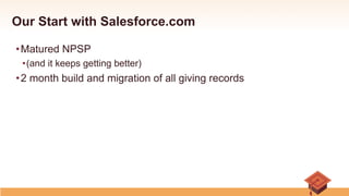 Our Start with Salesforce.com
• Matured NPSP
• (and it keeps getting better)
• 2 month build and migration of all giving records
 
