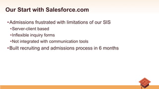Our Start with Salesforce.com
• Admissions frustrated with limitations of our SIS
• Server-client based
• Inflexible inquiry forms
• Not integrated with communication tools
• Built recruiting and admissions process in 6 months
 
