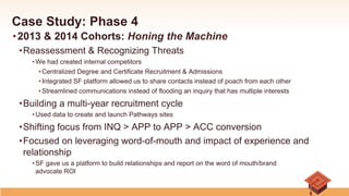 Case Study: Phase 4
• 2013 & 2014 Cohorts: Honing the Machine
• Reassessment & Recognizing Threats
• We had created internal competitors
• Centralized Degree and Certificate Recruitment & Admissions
• Integrated SF platform allowed us to share contacts instead of poach from each other
• Streamlined communications instead of flooding an inquiry that has multiple interests
• Building a multi-year recruitment cycle
• Used data to create and launch Pathways sites
• Shifting focus from INQ > APP to APP > ACC conversion
• Focused on leveraging word-of-mouth and impact of experience and
relationship
• SF gave us a platform to build relationships and report on the word of mouth/brand
advocate ROI
 