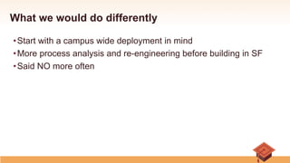 What we would do differently
• Start with a campus wide deployment in mind
• More process analysis and re-engineering before building in SF
• Said NO more often
 