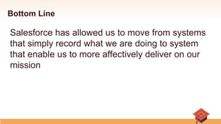 Bottom Line
Salesforce has allowed us to move from systems
that simply record what we are doing to system
that enable us to more affectively deliver on our
mission
 