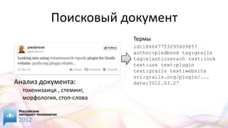 Поисковый документ
                           Термы
                           id:184647753295609857
                           author:pledbook tag:grails
                           tag:elasticserach text:look
                           text:use text:plugin
                           text:grails text:website
                           url:grails.org/plugin/...
Анализ документа:          date:2012.03.27
  токенизаиця , стеминг,
  морфология, стоп-слова
 