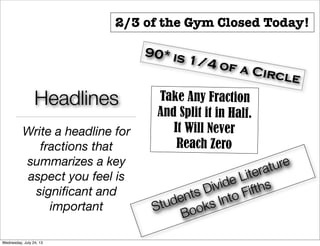 Write a headline for
fractions that
summarizes a key
aspect you feel is
signiﬁcant and
important
Headlines
90* is 1/4 of a Circle
Students Divide Literature
Books Into Fifths
Take Any Fraction
And Split it in Half.
It Will Never
Reach Zero
2/3 of the Gym Closed Today!
Wednesday, July 24, 13
 
