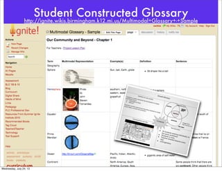 Student Constructed Glossary
http://ignite.wikis.birmingham.k12.mi.us/Multimodal+Glossary+-+Sample
Wednesday, July 24, 13
 