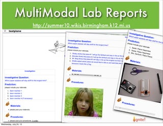 MultiModal Lab Reports
http://summer10.wikis.birmingham.k12.mi.us
Wednesday, July 24, 13
 