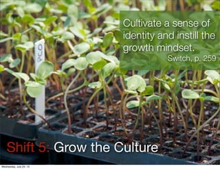 Shift 5: Grow the Culture
Cultivate a sense of
identity and instill the
growth mindset.
Switch, p. 259
Wednesday, July 24, 13
 