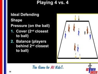 58
Playing 4 vs. 4
Ideal Defending
Shape
Pressure (on the ball)
1. Cover (2nd
closest
to ball)
2. Balance (players
behind 2nd
closest
to ball)
 