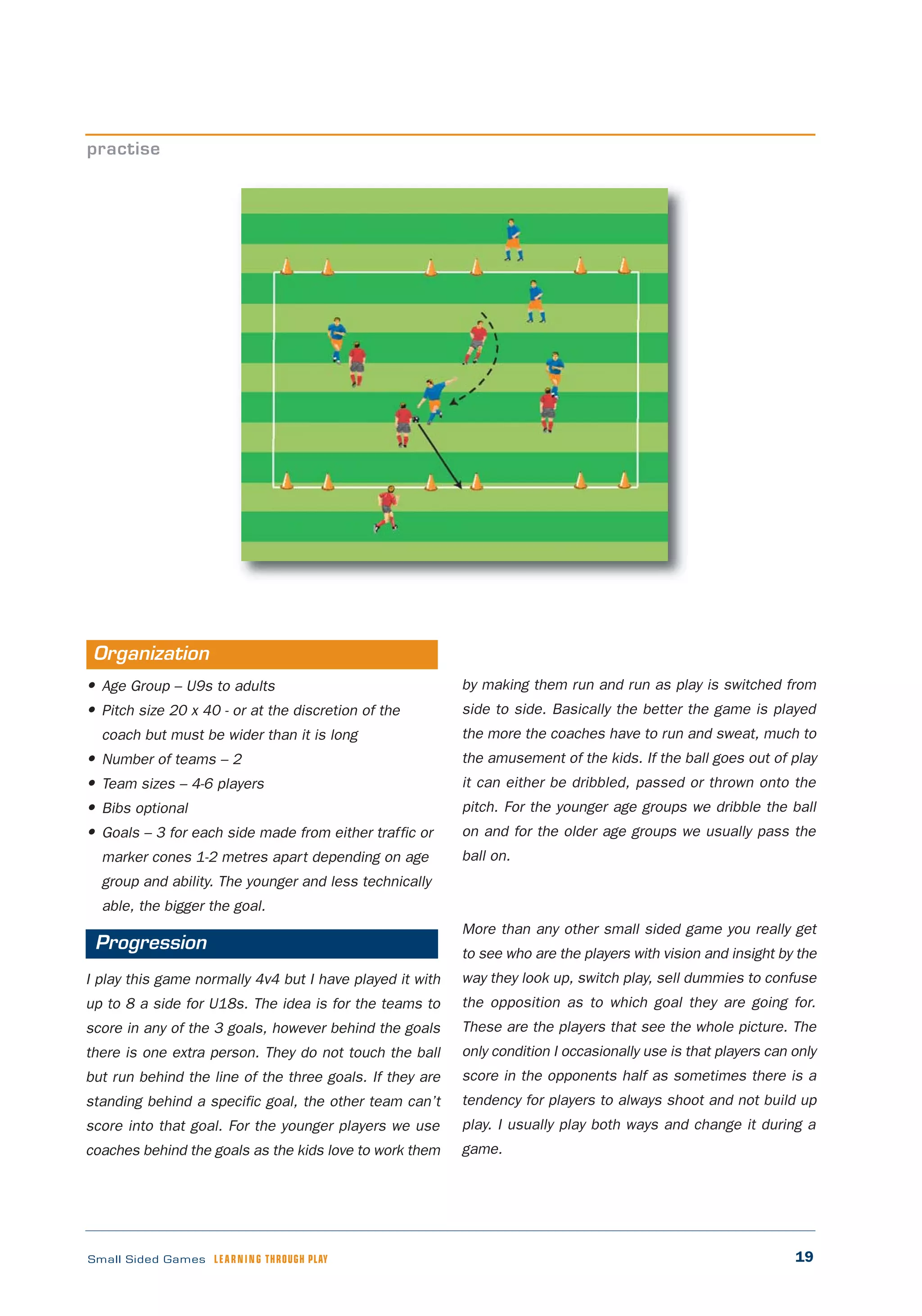 19Small Sided Games LEARNING THROUGH PLAY
• Age Group – U9s to adults
• Pitch size 20 x 40 - or at the discretion of the
coach but must be wider than it is long
• Number of teams – 2
• Team sizes – 4-6 players
• Bibs optional
• Goals – 3 for each side made from either traffic or
marker cones 1-2 metres apart depending on age
group and ability. The younger and less technically
able, the bigger the goal.
I play this game normally 4v4 but I have played it with
up to 8 a side for U18s. The idea is for the teams to
score in any of the 3 goals, however behind the goals
there is one extra person. They do not touch the ball
but run behind the line of the three goals. If they are
standing behind a specific goal, the other team can’t
score into that goal. For the younger players we use
coaches behind the goals as the kids love to work them
by making them run and run as play is switched from
side to side. Basically the better the game is played
the more the coaches have to run and sweat, much to
the amusement of the kids. If the ball goes out of play
it can either be dribbled, passed or thrown onto the
pitch. For the younger age groups we dribble the ball
on and for the older age groups we usually pass the
ball on.
More than any other small sided game you really get
to see who are the players with vision and insight by the
way they look up, switch play, sell dummies to confuse
the opposition as to which goal they are going for.
These are the players that see the whole picture. The
only condition I occasionally use is that players can only
score in the opponents half as sometimes there is a
tendency for players to always shoot and not build up
play. I usually play both ways and change it during a
game.
practise
Organization
Progression
 