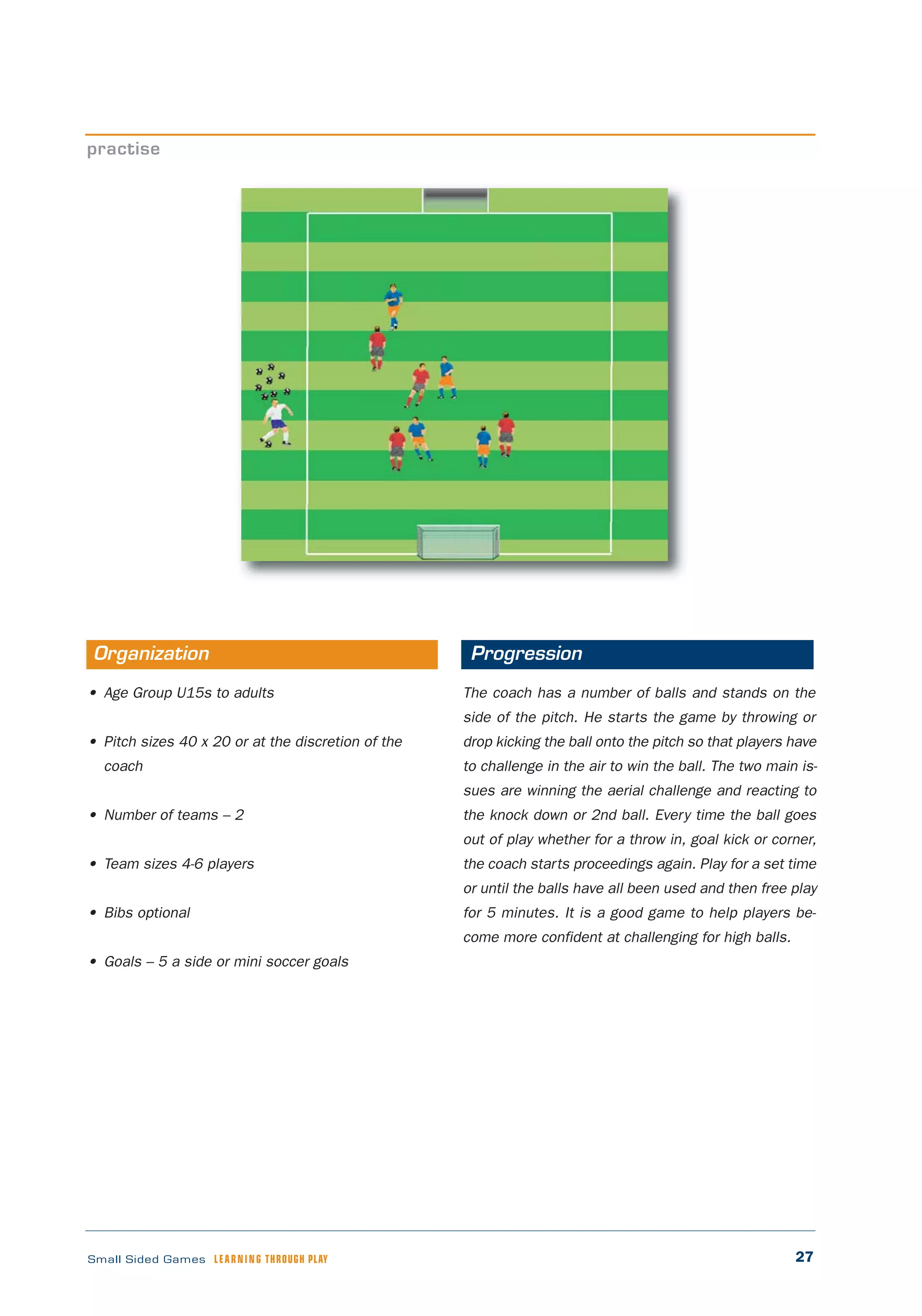 27Small Sided Games LEARNING THROUGH PLAY
• Age Group U15s to adults
• Pitch sizes 40 x 20 or at the discretion of the
coach
• Number of teams – 2
• Team sizes 4-6 players
• Bibs optional
• Goals – 5 a side or mini soccer goals
The coach has a number of balls and stands on the
side of the pitch. He starts the game by throwing or
drop kicking the ball onto the pitch so that players have
to challenge in the air to win the ball. The two main is-
sues are winning the aerial challenge and reacting to
the knock down or 2nd ball. Every time the ball goes
out of play whether for a throw in, goal kick or corner,
the coach starts proceedings again. Play for a set time
or until the balls have all been used and then free play
for 5 minutes. It is a good game to help players be-
come more confident at challenging for high balls.
practise
Organization Progression
 