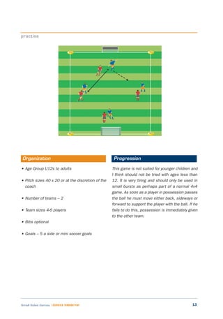 13Small Sided Games LEARNING THROUGH PLAY
• Age Group U12s to adults
• Pitch sizes 40 x 20 or at the discretion of the
coach
• Number of teams – 2
• Team sizes 4-6 players
• Bibs optional
• Goals – 5 a side or mini soccer goals
This game is not suited for younger children and
I think should not be tried with ages less than
12. It is very tiring and should only be used in
small bursts as perhaps part of a normal 4v4
game. As soon as a player in possession passes
the ball he must move either back, sideways or
forward to support the player with the ball. If he
fails to do this, possession is immediately given
to the other team.
practise
Organization Progression
 