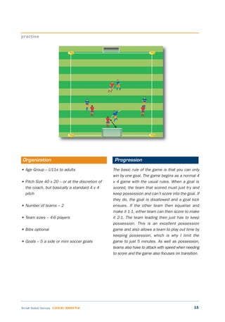 15Small Sided Games LEARNING THROUGH PLAY
• Age Group – U11s to adults
• Pitch Size 40 x 20 – or at the discretion of
the coach, but basically a standard 4 v 4
pitch
• Number of teams – 2
• Team sizes – 4-6 players
• Bibs optional
• Goals – 5 a side or mini soccer goals
The basic rule of the game is that you can only
win by one goal. The game begins as a normal 4
v 4 game with the usual rules. When a goal is
scored, the team that scored must just try and
keep possession and can’t score into the goal. If
they do, the goal is disallowed and a goal kick
ensues. If the other team then equalise and
make it 1-1, either team can then score to make
it 2-1. The team leading then just has to keep
possession. This is an excellent possession
game and also allows a team to play out time by
keeping possession, which is why I limit the
game to just 5 minutes. As well as possession,
teams also have to attack with speed when needing
to score and the game also focuses on transition.
practise
Organization Progression
 