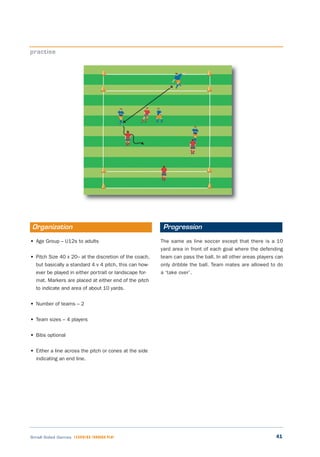 41Small Sided Games LEARNING THROUGH PLAY
• Age Group – U12s to adults
• Pitch Size 40 x 20– at the discretion of the coach,
but basically a standard 4 v 4 pitch, this can how-
ever be played in either portrait or landscape for-
mat. Markers are placed at either end of the pitch
to indicate and area of about 10 yards.
• Number of teams – 2
• Team sizes – 4 players
• Bibs optional
• Either a line across the pitch or cones at the side
indicating an end line.
The same as line soccer except that there is a 10
yard area in front of each goal where the defending
team can pass the ball. In all other areas players can
only dribble the ball. Team mates are allowed to do
a ‘take over’.
practise
Organization Progression
 