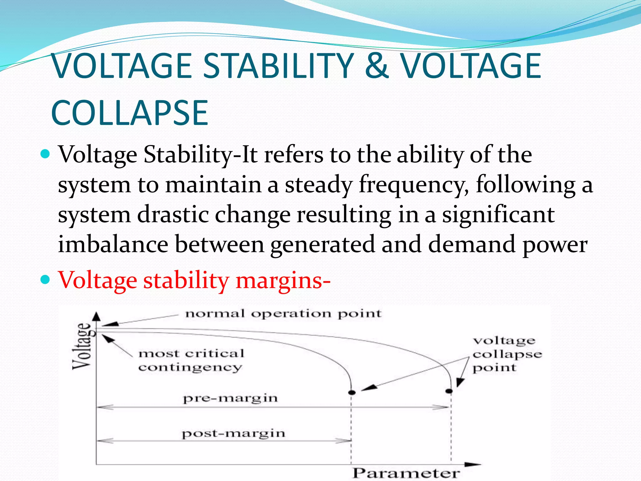 VOLTAGE STABILITY & VOLTAGE 
COLLAPSE 
 Voltage Stability-It refers to the ability of the 
system to maintain a steady frequency, following a 
system drastic change resulting in a significant 
imbalance between generated and demand power 
 Voltage stability margins- 
 