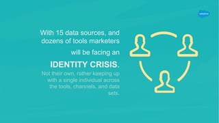 With 15 data sources, and
dozens of tools marketers
will be facing an
IDENTITY CRISIS.
Not their own, rather keeping up
wi...