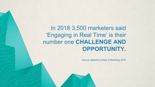 In 2018 3,500 marketers said
‘Engaging in Real Time’ is their
number one CHALLENGE AND
OPPORTUNITY.
Source: Salesforce Sta...