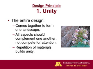 Design Principle 1. Unity The entire design: Comes together to form one landscape; All aspects should complement one another, not compete for attention; Repetition of materials builds unity. 