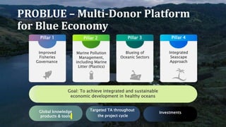 PROBLUE – Multi-Donor Platform
for Blue Economy
Pillar 1
Improved
Fisheries
Governance
Pillar 2
Marine Pollution
Management,
including Marine
Litter (Plastics)
Pillar 3
Blueing of
Oceanic Sectors
Pillar 4
Integrated
Seascape
Approach
Goal: To achieve integrated and sustainable
economic development in healthy oceans
Global knowledge
products & tools
Targeted TA throughout
the project cycle
Investments
 