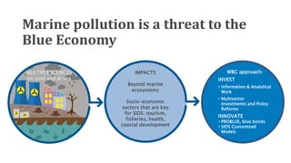 Marine pollution is a threat to the
Blue Economy
MULTIPLE SOURCES
on land and at sea
WBG approach:
INVEST
• Information & Analytical
Work
• Multisector
Investments and Policy
Reforms
INNOVATE
• PROBLUE, blue bonds
• SIDS Customized
Models
IMPACTS
Beyond marine
ecosystems
Socio-economic
sectors that are key
for SIDS: tourism,
fisheries, health,
coastal development
 