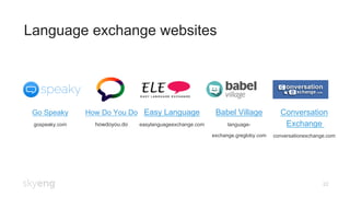 22
Language exchange websites
Go Speaky
gospeaky.com
How Do You Do
howdoyou.do
Easy Language
easylanguageexchange.com
Babel Village
language-
exchange.gregloby.com
Conversation
Exchange
conversationexchange.com
 