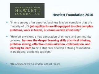 Hewlett Foundation 2010
 “In one survey after another, business leaders complain that the
majority of U.S. job applicants are ill-equipped to solve complex
problems, work in teams, or communicate effectively.”

 “Hewlett envisions a new generation of schools and community
colleges…harness the deeper learning skills of critical thinking,
problem solving, effective communication, collaboration, and
learning to learn to help students develop a strong foundation
in traditional academic subjects.”

 http://www.hewlett.org/2010-annual-report

 