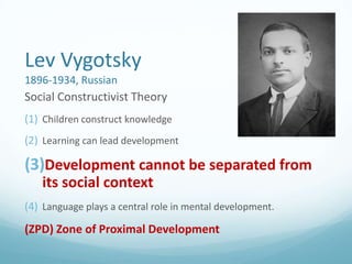 Lev Vygotsky
1896-1934, Russian

Social Constructivist Theory
(1) Children construct knowledge
(2) Learning can lead development

(3)Development cannot be separated from
its social context
(4) Language plays a central role in mental development.

(ZPD) Zone of Proximal Development

 