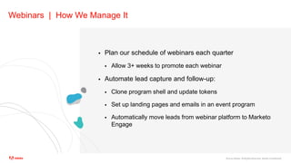 ©2020 Adobe. All Rights Reserved. Adobe Confidential.
Webinars | How We Manage It
 Plan our schedule of webinars each quarter
 Allow 3+ weeks to promote each webinar
 Automate lead capture and follow-up:
 Clone program shell and update tokens
 Set up landing pages and emails in an event program
 Automatically move leads from webinar platform to Marketo
Engage
 