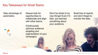 ©2020 Adobe. All Rights Reserved. Adobe Confidential.
Key Takeaways for Small Teams
Take advantage of
automation.
Always look for
opportunities to
collaborate and align
with other teams.
Continuously
optimize audience
targeting and
segmentation of your
campaigns.
Build lots of reports
and don’t forget to
monitor the data.
Don't be afraid to try
new things! Even if it
fails, you learned
something about
your audience.
 