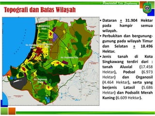 • Dataran + 31.904 Hektar
pada hampir semua
wilayah.
• Perbukitan dan bergunung-
gunung pada wilayah Timur
dan Selatan + 18.496
Hektar.
• Jenis tanah di Kota
Singkawang terdiri dari :
tanah Aluvial (17.458
Hektar), Podsol (6.973
Hektar) dan Organosil
(4.464 Hektar), serta yang
berjenis Latasil (5.686
Hektar) dan Podsolit Merah
Kuning (6.609 Hektar).
Topografi dan Batas Wilayah
- Pemerintah Kota Singkawang -
 