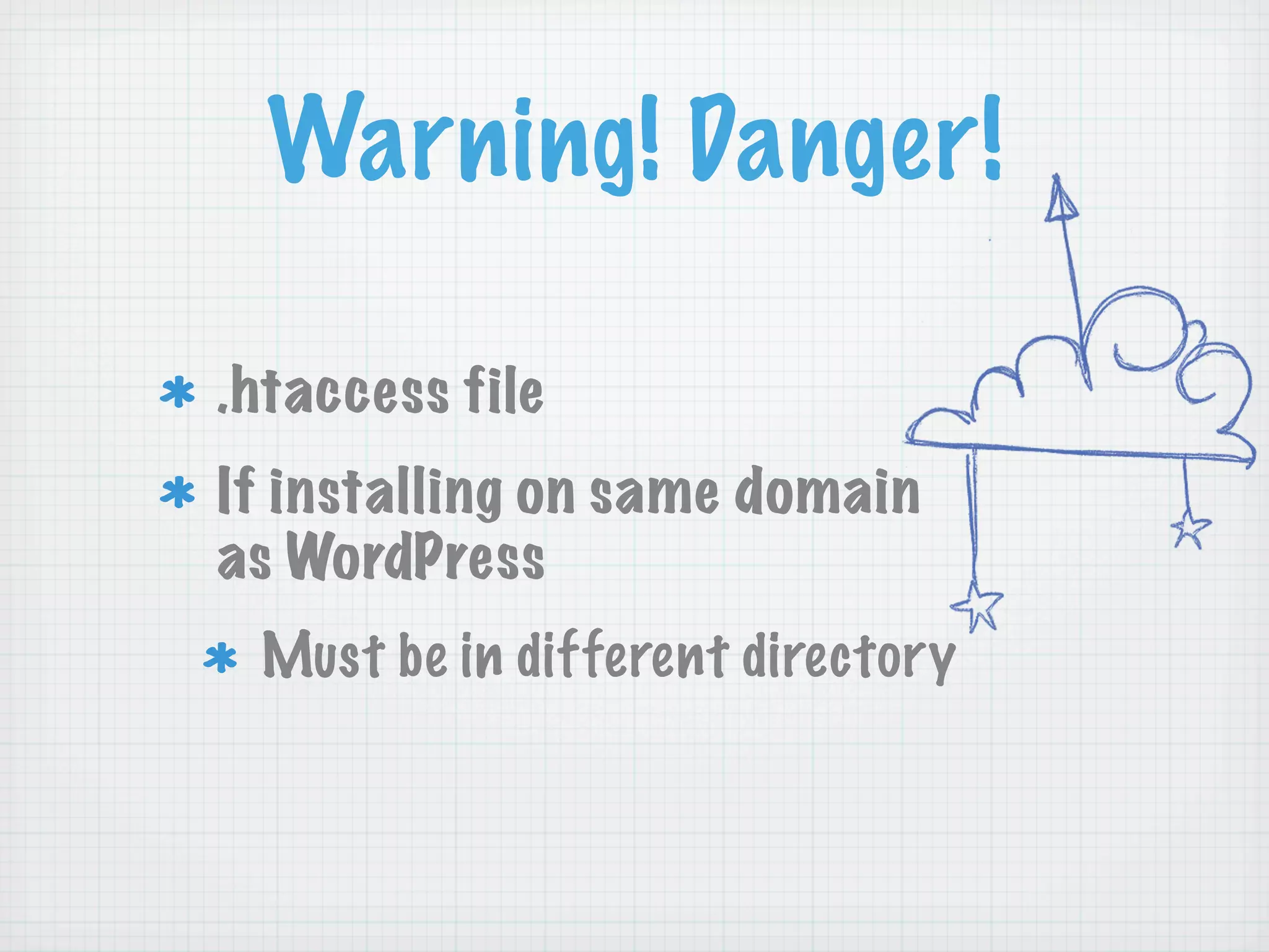 Warning! Danger!

.htaccess file
If installing on same domain
as WordPress
 Must be in different directory
 