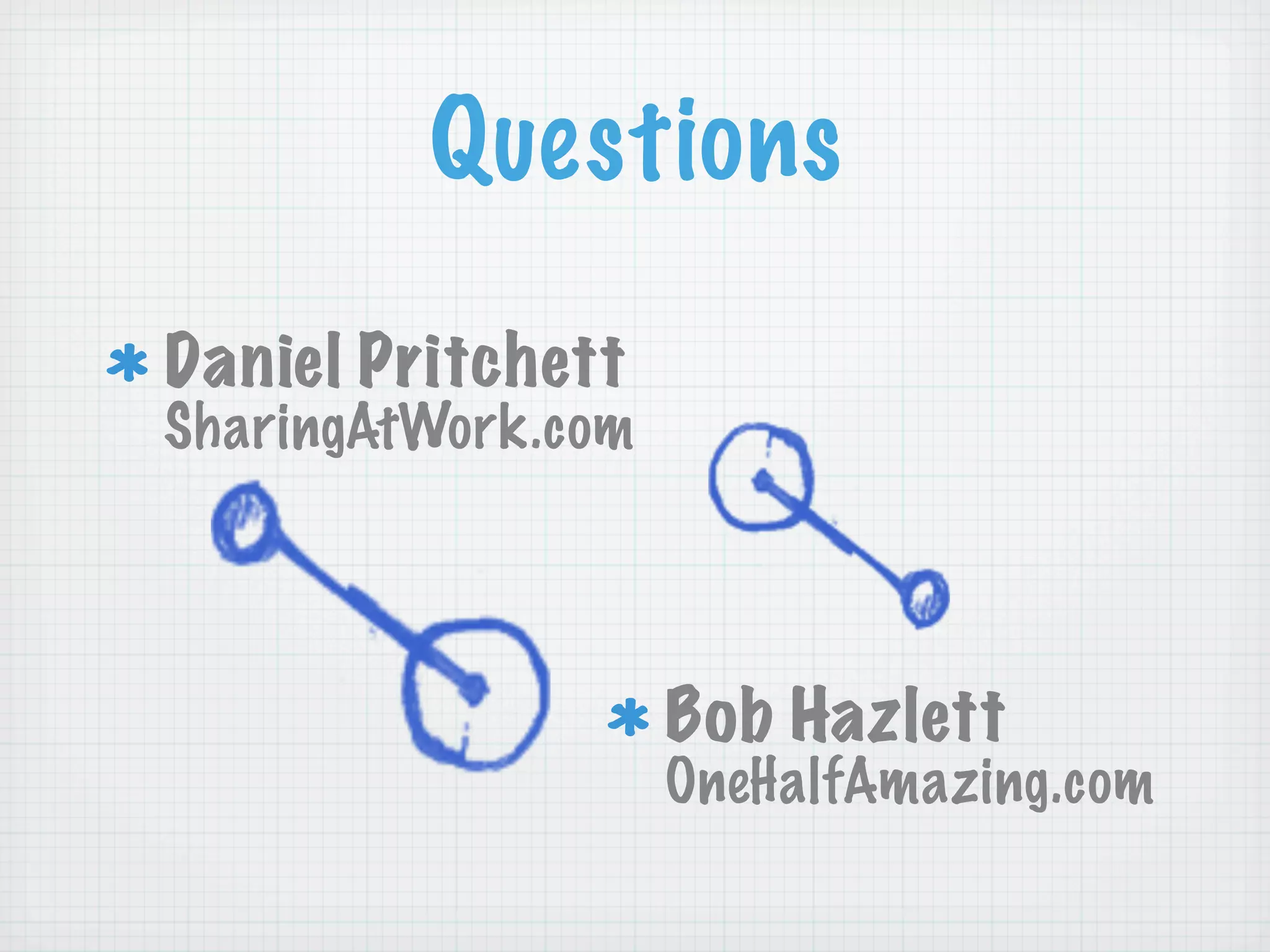 Questions

Daniel Pritchett
SharingAtWork.com




                    Bob Hazlett
                    OneHalfAmazing.com
 